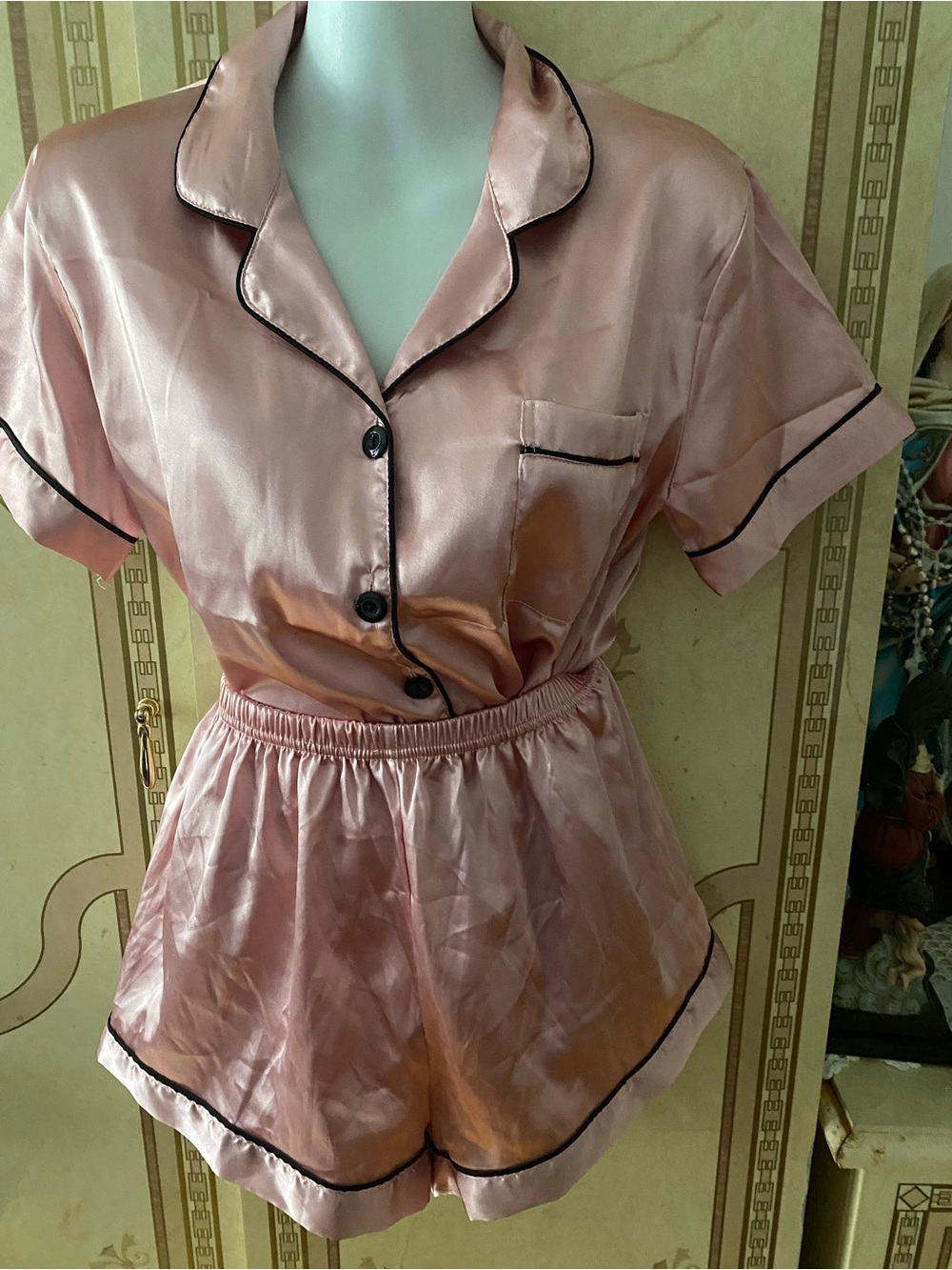 Blush Satin Short PJ Set with Black Trim